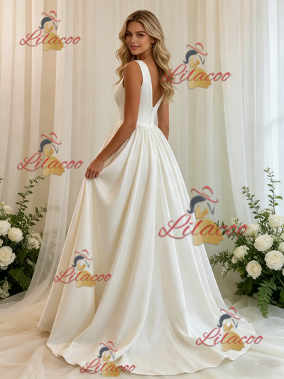 Beige White Satin V-neck Wedding Dress