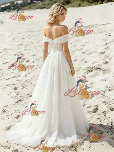 White Chiffon Lace Off the Shoulder Wedding Dress