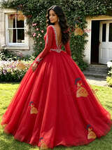 Red V-neck Long Sleeve Beading Quinceanera Dress