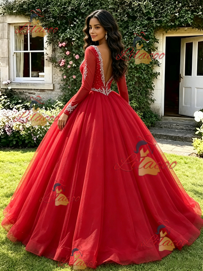 Red V-neck Long Sleeve Beading Quinceanera Dress