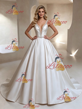 White Satin Straps Beading Wedding Dress