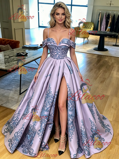Purple Satin Spaghetti Straps Appliques Prom Dress