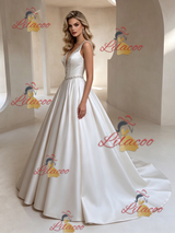 White Satin Straps Beading Wedding Dress