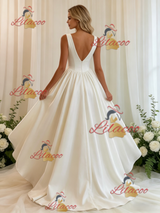 Beige White Satin V-neck Wedding Dress