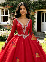 Red V-neck Long Sleeve Beading Quinceanera Dress