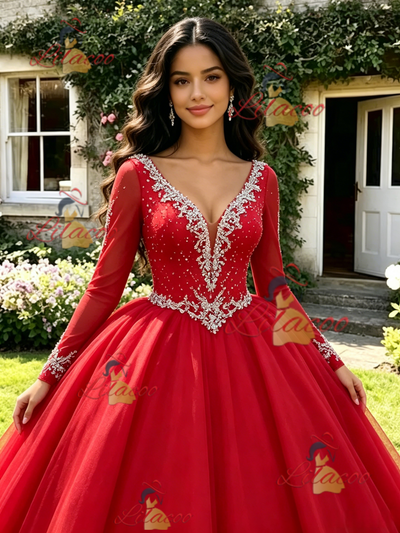 Red V-neck Long Sleeve Beading Quinceanera Dress