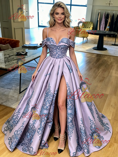 Purple Satin Spaghetti Straps Appliques Prom Dress