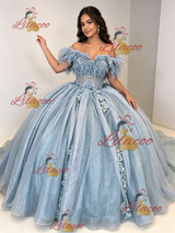 Blue Tulle Off the Shoulder Appliques Quinceanera Dress