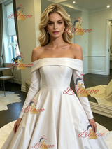 White Satin Off the Shoulder Long Sleeve Wedding Dress