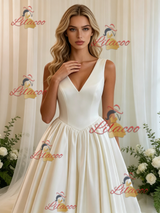 Beige White Satin V-neck Wedding Dress