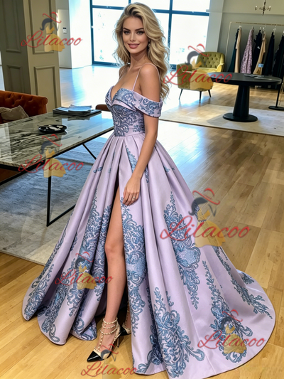 Purple Satin Spaghetti Straps Appliques Prom Dress