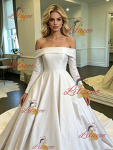 White Satin Off the Shoulder Long Sleeve Wedding Dress