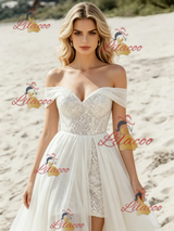 White Chiffon Lace Off the Shoulder Wedding Dress