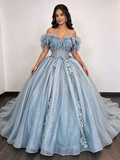 Blue Tulle Off the Shoulder Appliques Quinceanera Dress