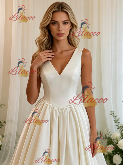 Beige White Satin V-neck Wedding Dress