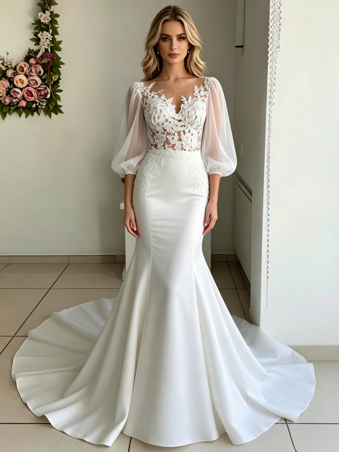 White Mermaid Puff Sleeve Lace Wedding Dress