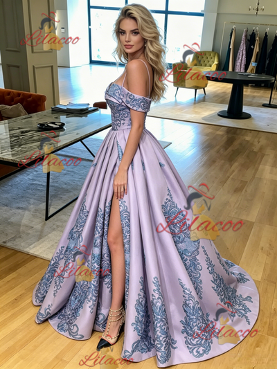 Purple Satin Spaghetti Straps Appliques Prom Dress