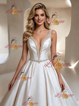 White Satin Straps Beading Wedding Dress