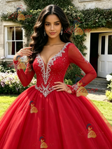 Red V-neck Long Sleeve Beading Quinceanera Dress