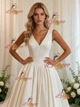 Beige White Satin V-neck Wedding Dress