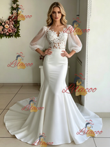 White Mermaid Puff Sleeve Lace Wedding Dress