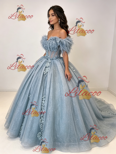 Blue Tulle Off the Shoulder Appliques Quinceanera Dress