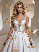 White Satin Straps Beading Wedding Dress