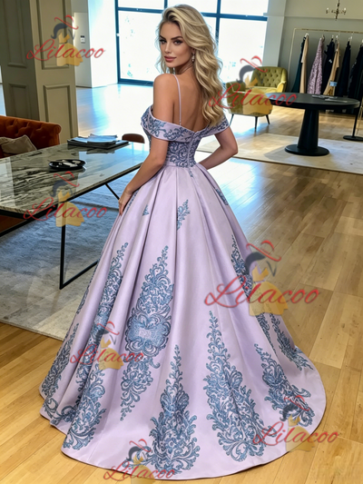 Purple Satin Spaghetti Straps Appliques Prom Dress