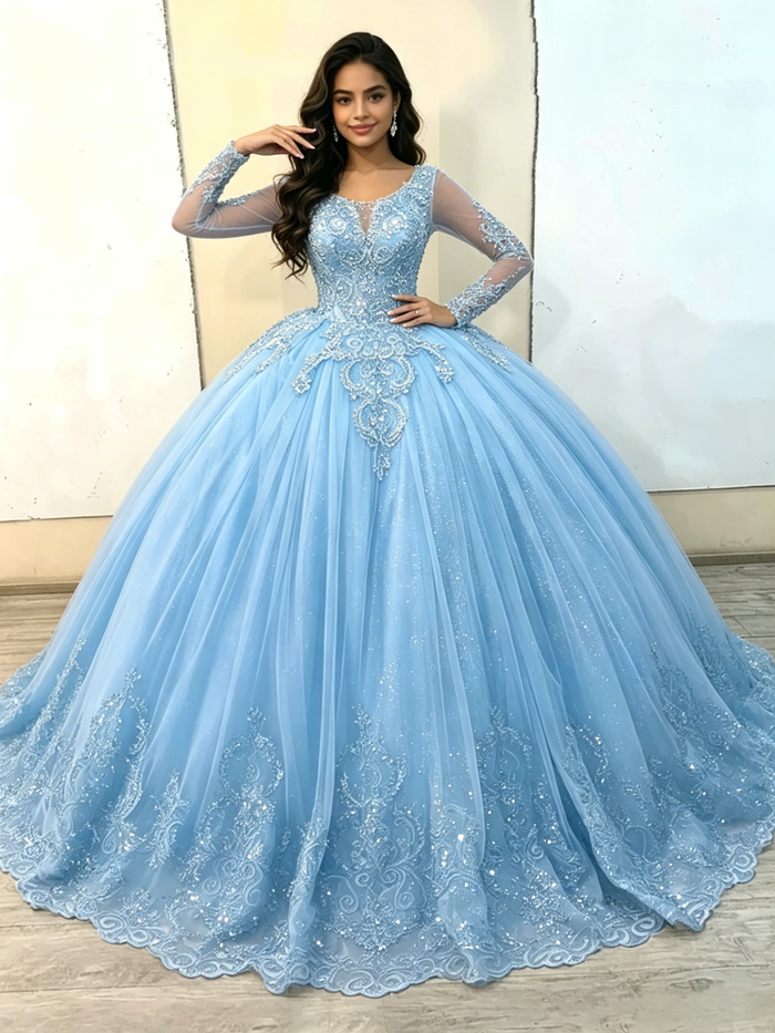 Ligh Blue Tulle Appliques Quinceanera Dress