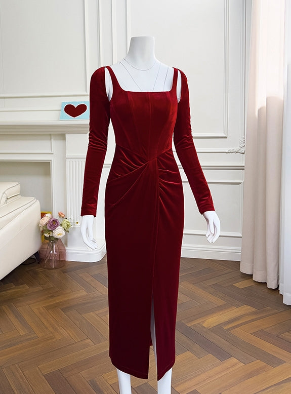 Burgundy Velvet Long Sleeve Split Prom Dress