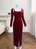 Burgundy Velvet Long Sleeve Split Prom Dress