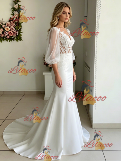 White Mermaid Puff Sleeve Lace Wedding Dress