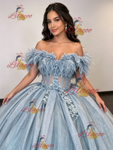 Blue Tulle Off the Shoulder Appliques Quinceanera Dress
