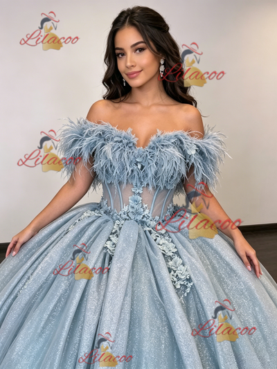 Blue Tulle Off the Shoulder Appliques Quinceanera Dress