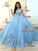 Ligh Blue Tulle Appliques Quinceanera Dress
