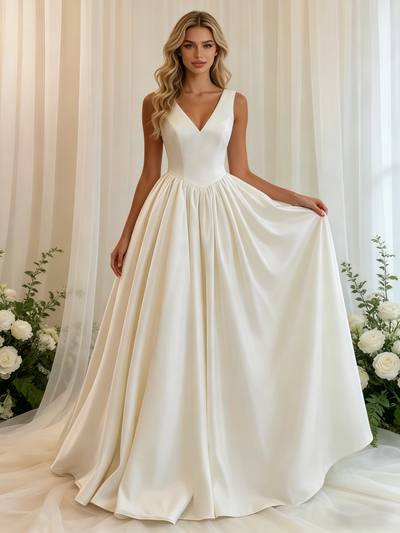 Beige White Satin V-neck Wedding Dress