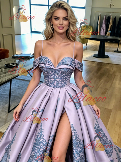 Purple Satin Spaghetti Straps Appliques Prom Dress