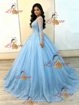 Ligh Blue Tulle Appliques Quinceanera Dress