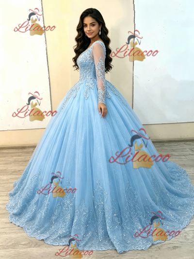 Ligh Blue Tulle Appliques Quinceanera Dress
