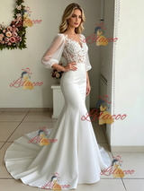 White Mermaid Puff Sleeve Lace Wedding Dress