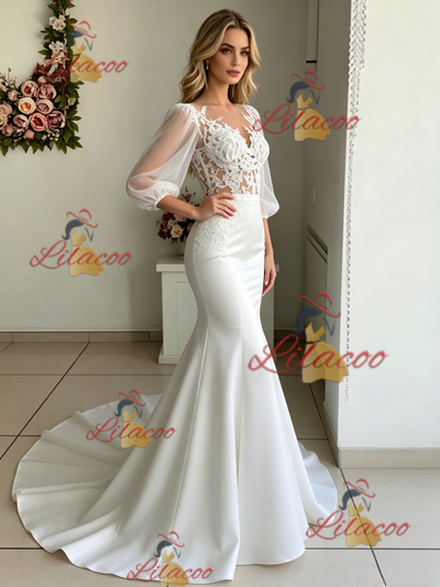 White Mermaid Puff Sleeve Lace Wedding Dress