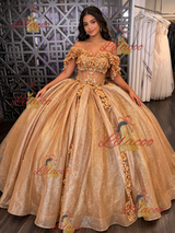 Champagne Gold Sequins Appliques Quinceanera Dress