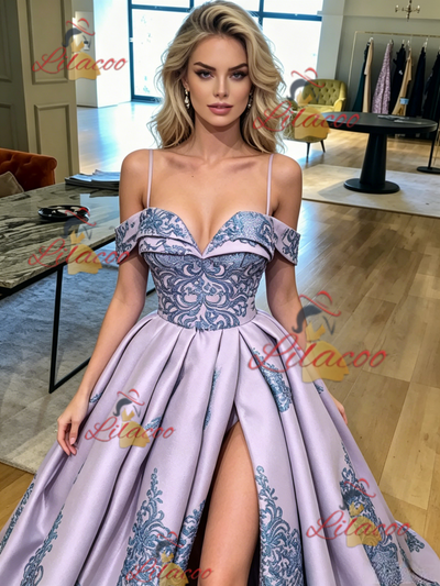 Purple Satin Spaghetti Straps Appliques Prom Dress