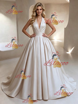 Ivory Satin V-neck Pleats Wedding Dress