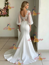 White Mermaid Puff Sleeve Lace Wedding Dress