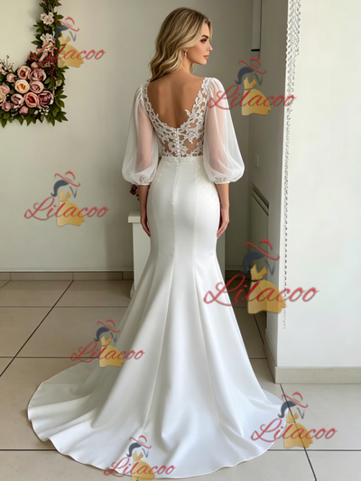 White Mermaid Puff Sleeve Lace Wedding Dress
