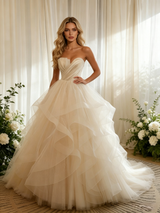 Ivory Tulle Pleats Strapless Wedding Dress