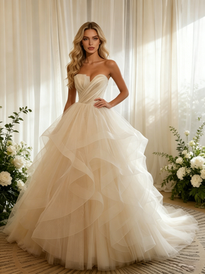 Ivory Tulle Pleats Strapless Wedding Dress
