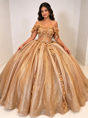 Champagne Gold Sequins Appliques Quinceanera Dress