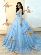 Ligh Blue Tulle Appliques Quinceanera Dress